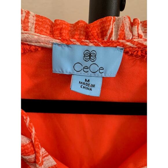 CeCe-Short Sleeve-Smocked Floral Blouse-V Neck Lined-Polyester-Orange-Women-M - Picture 4 of 6